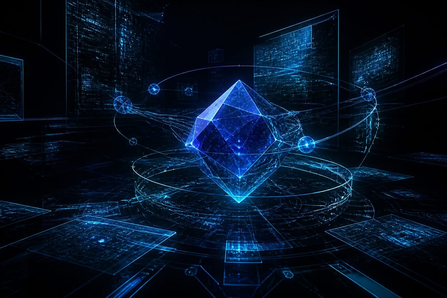 Futuristic AI agent core with orbiting protocol rings