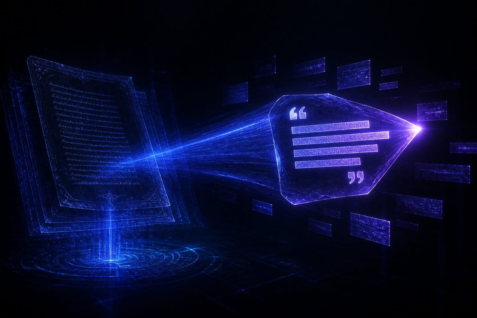 Futuristic content engine extracting a glowing quote shard