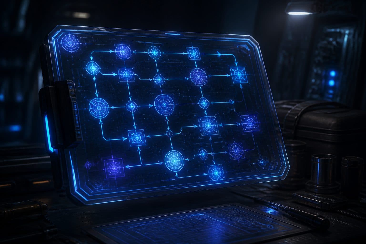 Futuristic HUD tablet with a flow diagram