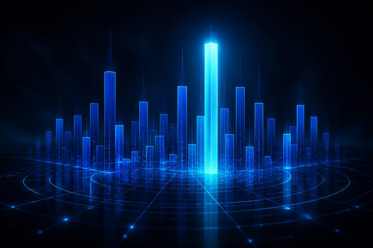Futuristic industry benchmark columns on a holographic grid